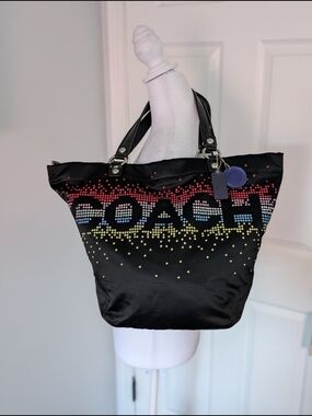 Coach Poppy Holiday Edition Large Black Satin Tote with Multicolor Rhinestones